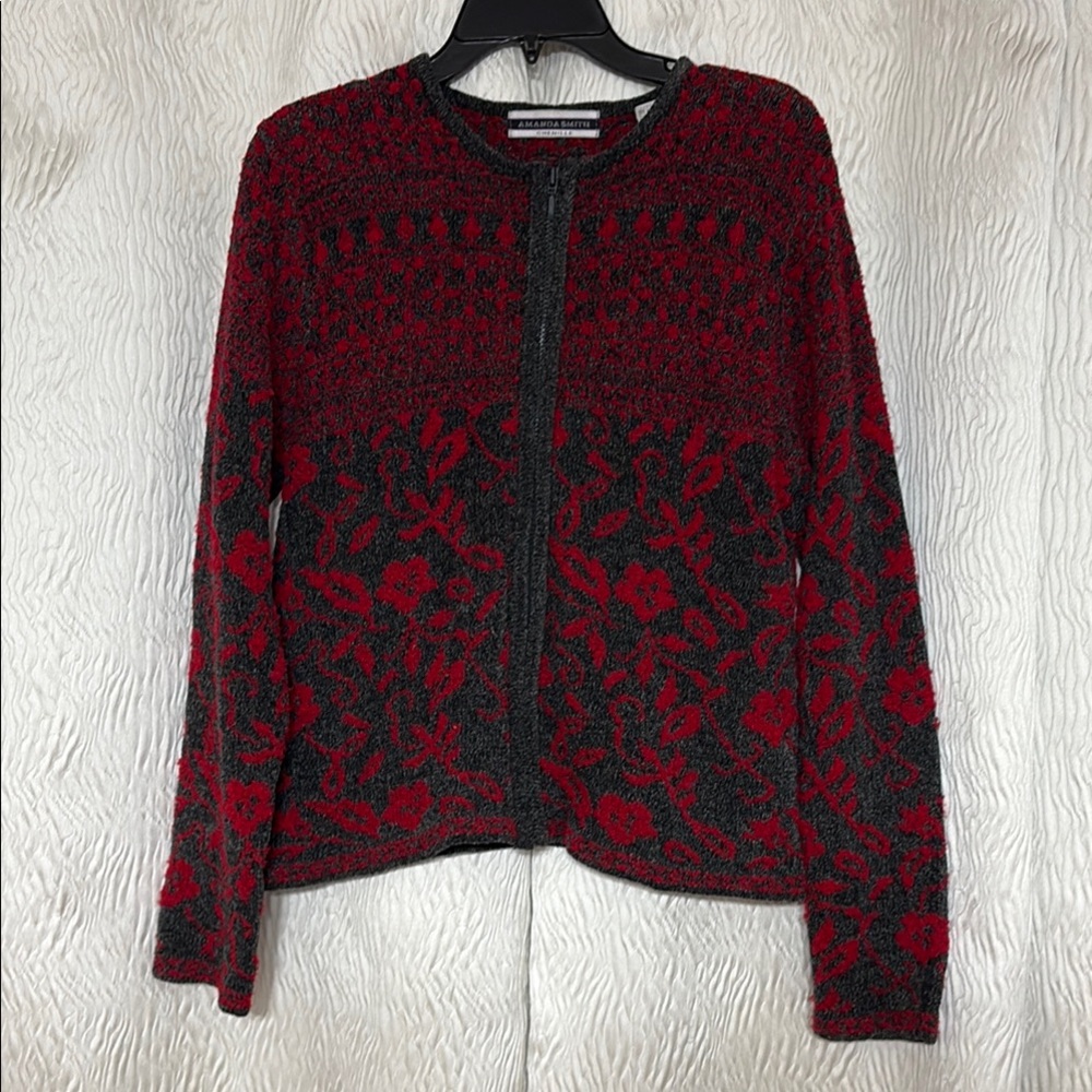 Amanda Smith Chenille Elegant Wool Blend Red and Gray Women's Zipper Sweater- M